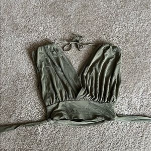 Express Green/Khaki Crop Blouse with Ties